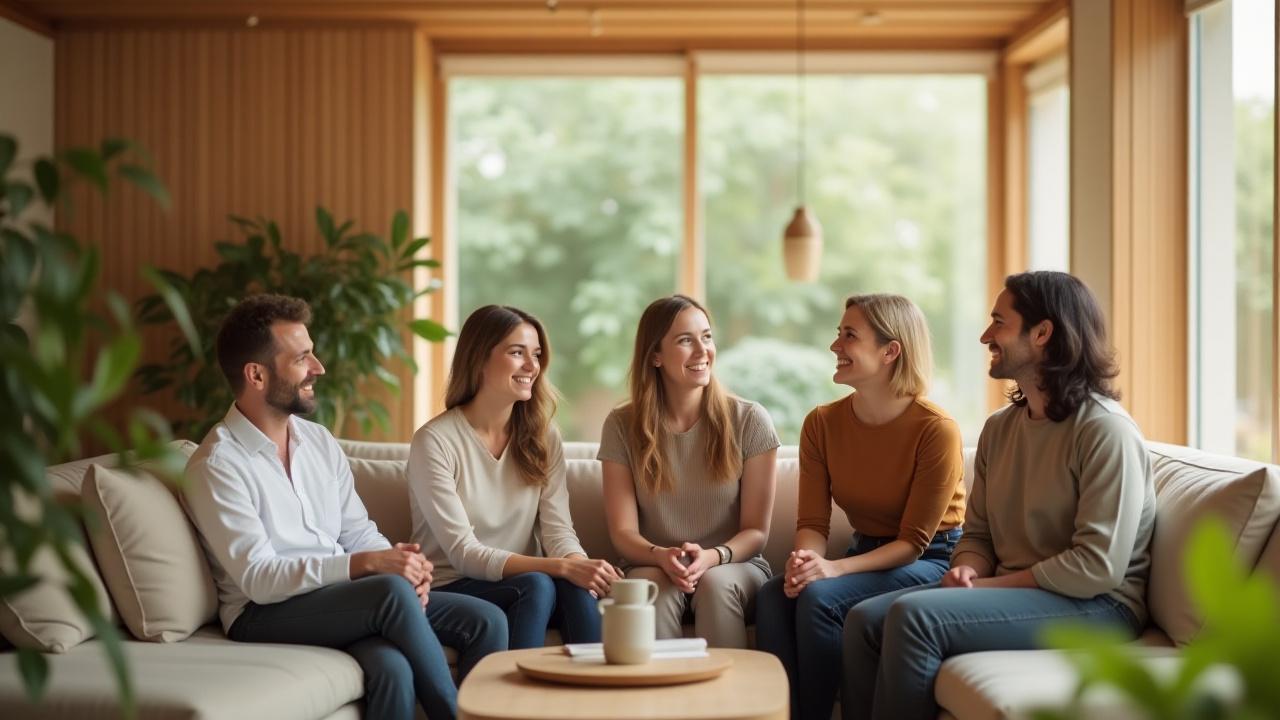 Nexus Living core team in a large, bright wellness-focused living space with natural light and biophilic elements