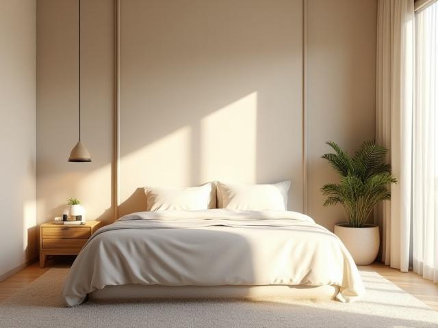A serene bedroom with integrated acoustic wall panels behind the bed, designed for deep, uninterrupted sleep.