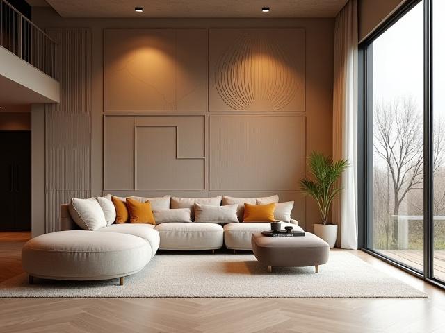 A modern living room with artful, fabric-covered acoustic panels integrated into the wall decor.