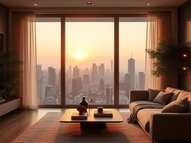 A tranquil urban apartment transformed into a quiet sanctuary through comprehensive soundproofing and absorption elements.