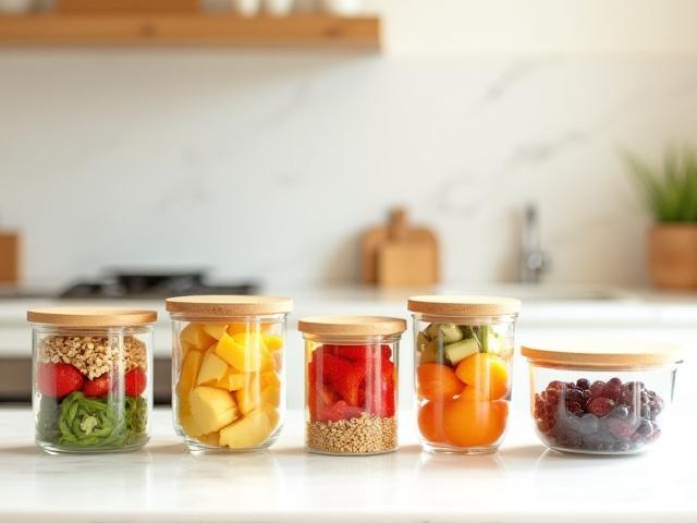 Assortment of elegant, reusable glass food storage containers with bamboo lids on a kitchen counter.