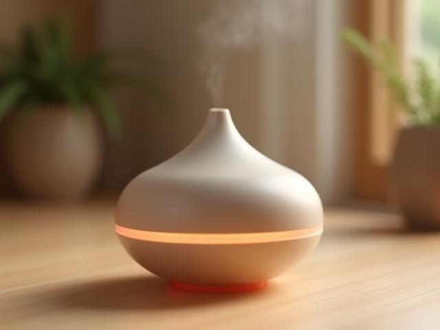 Elegant ceramic smart essential oil diffuser with soft LED light on a wooden table.