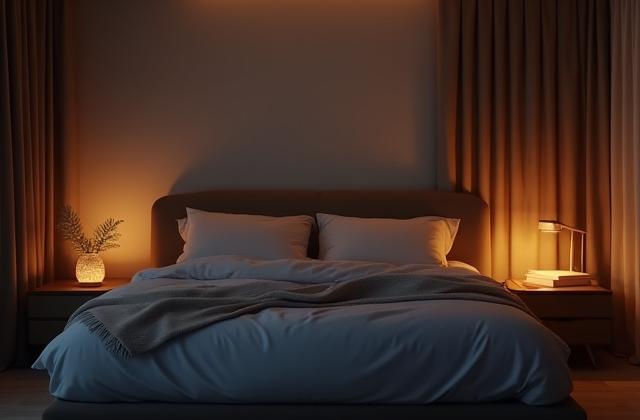 Warm, ambient bedroom lighting with a person comfortably sleeping