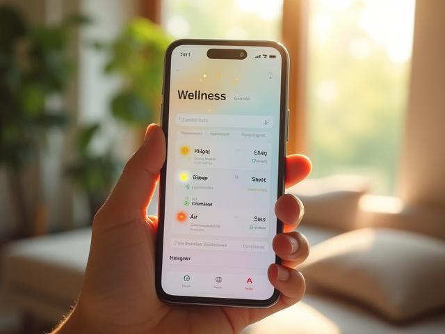 A stylized graphic showing data points like light, air, and sleep converging into a personalized wellness plan displayed on a modern smartphone screen, with a serene background