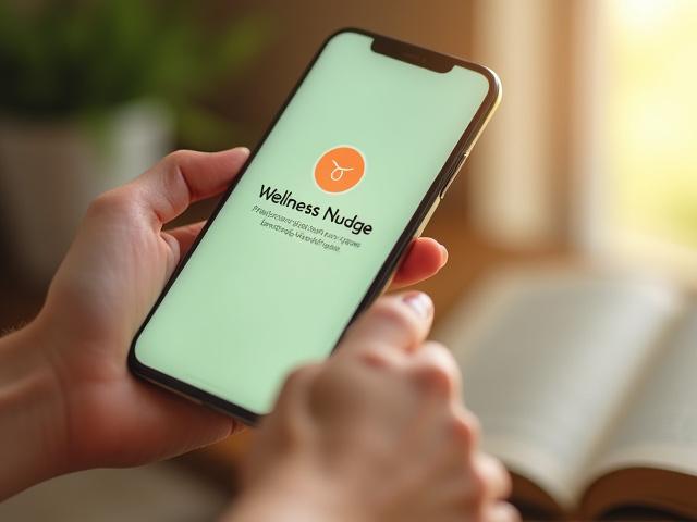 A hand holding a smartphone displaying a 'Wellness Nudge' notification with a gentle, calming icon.