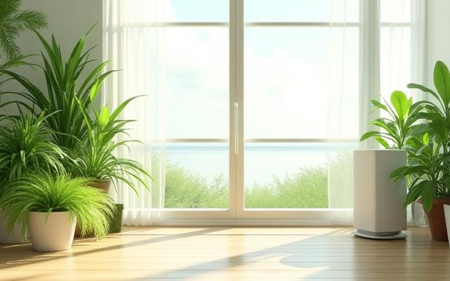 A plant-filled room with subtle air purifier in the corner, bright and clean, emphasizing fresh indoor air.